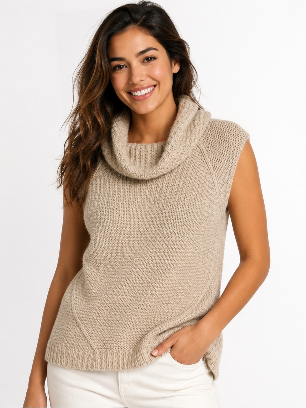 Autumn Cashmere Cowl Neck Sleeveless Sweater Vest Cashmere Blend Beige S